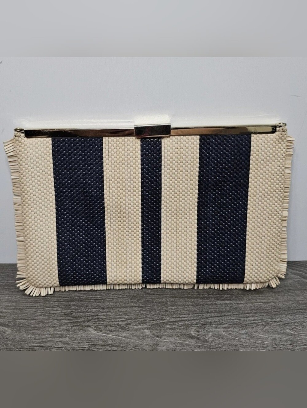 J Crew Striped Navy and Tan Clutch NWT